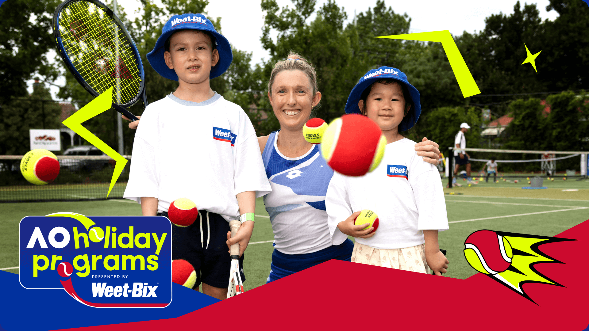 Photo of Storm Sanders with Weetbix kids at a tennis court